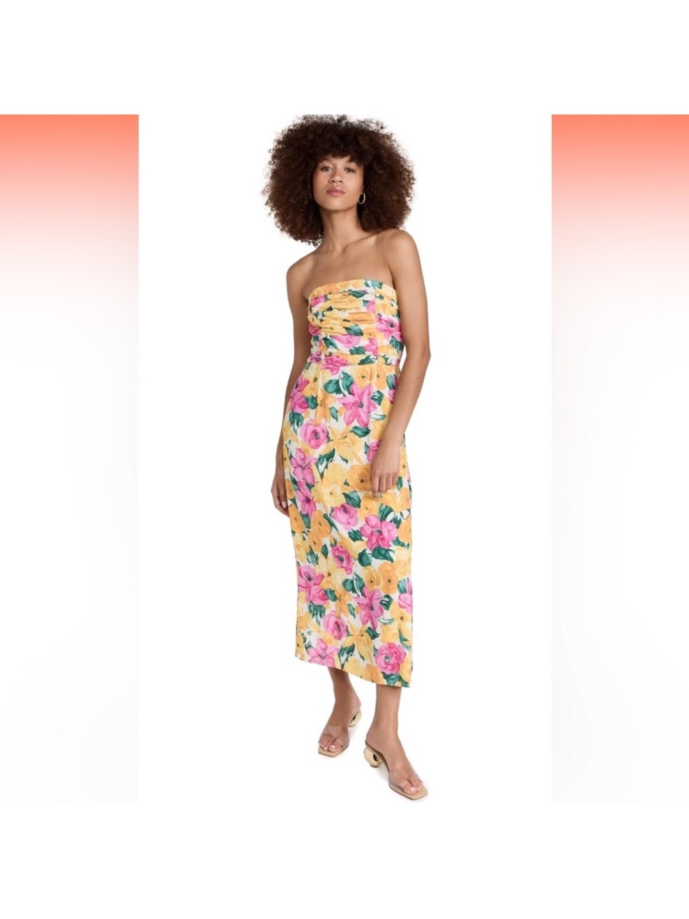 WAYF Strapless Floral Midi Dress in Yellow with Pink & Green